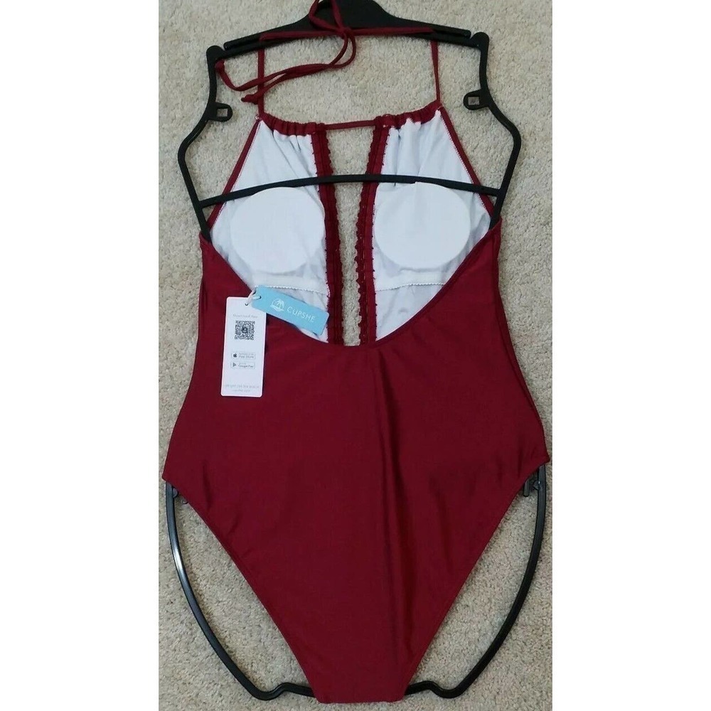 CUPSHE~Woman Size S~Maroon Wine Red One Piece Swimsuit Halter NWT. - Picture 4 of 11